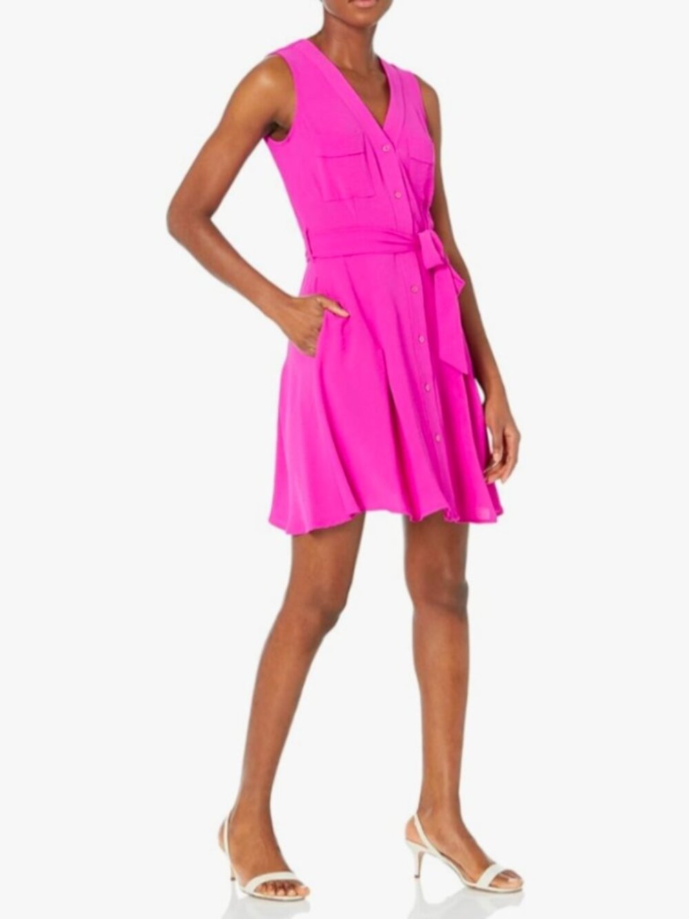 DKNY Raspberry Fuchsia Button-Front Tie-Waist V-neckline Dress  Woman's Size 4